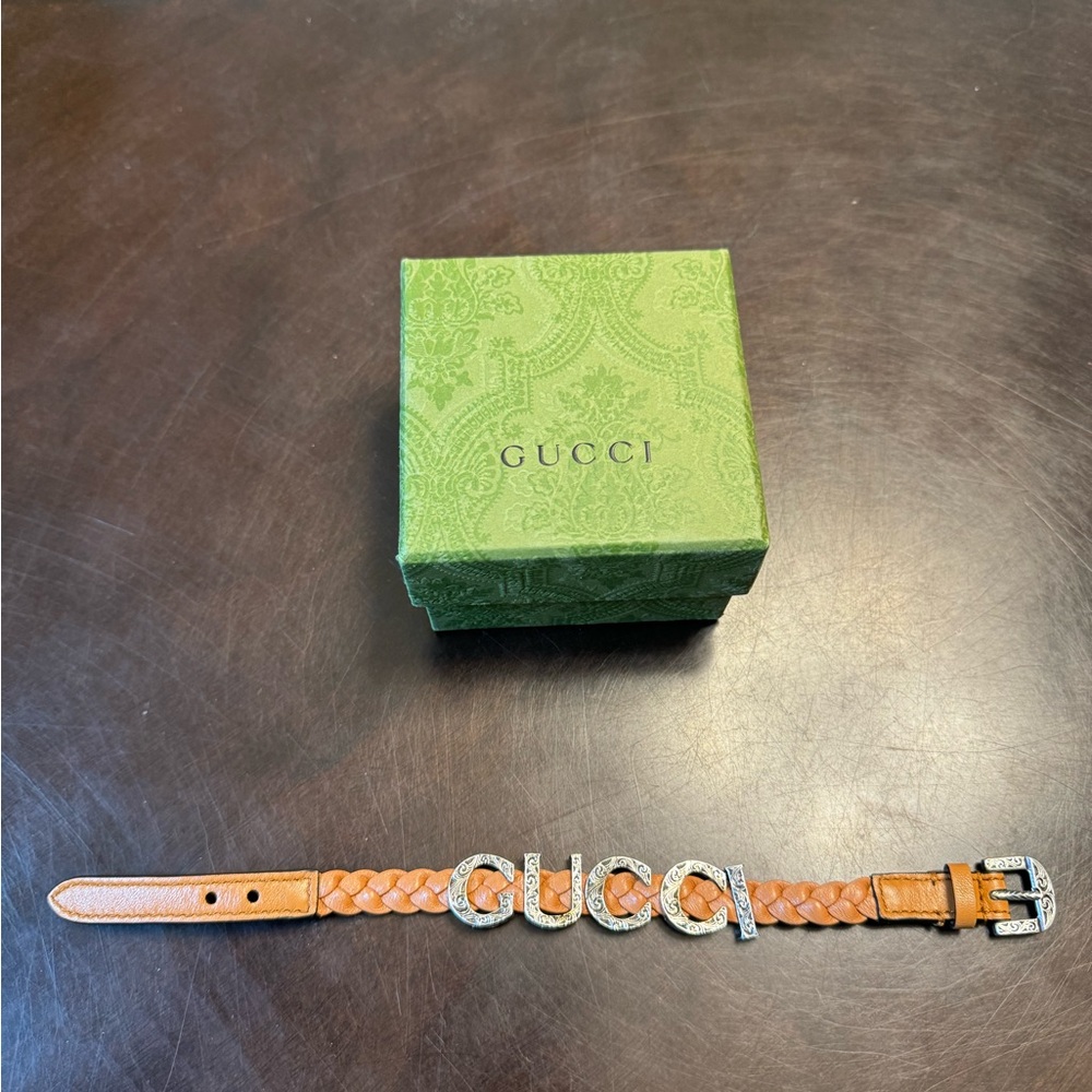 New Authentic Gucci Logo Silver Brown Leather Bracelet Size L / Wrist Up To 8” - Picture 9 of 12